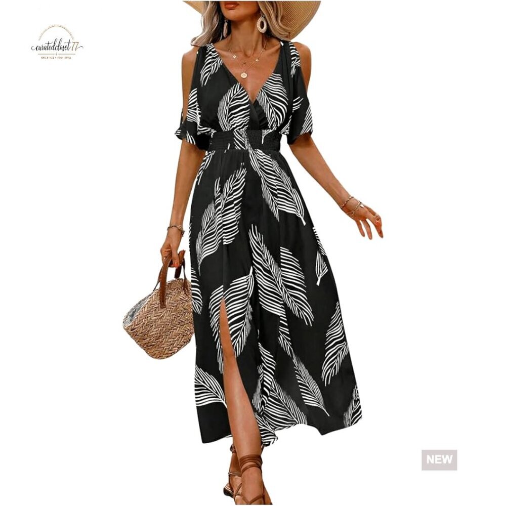 Summer Maxi Dress with Cold Shoulder, V-Neck, Slit Hem - Polyester Blend